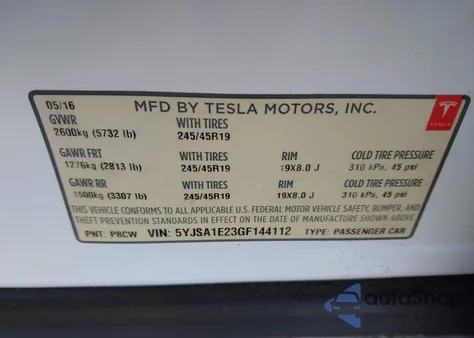 2016 Tesla Model S 60D/70D/75D/85D/90D from USA, damaged, VIN 5YJSA1E23GF144112